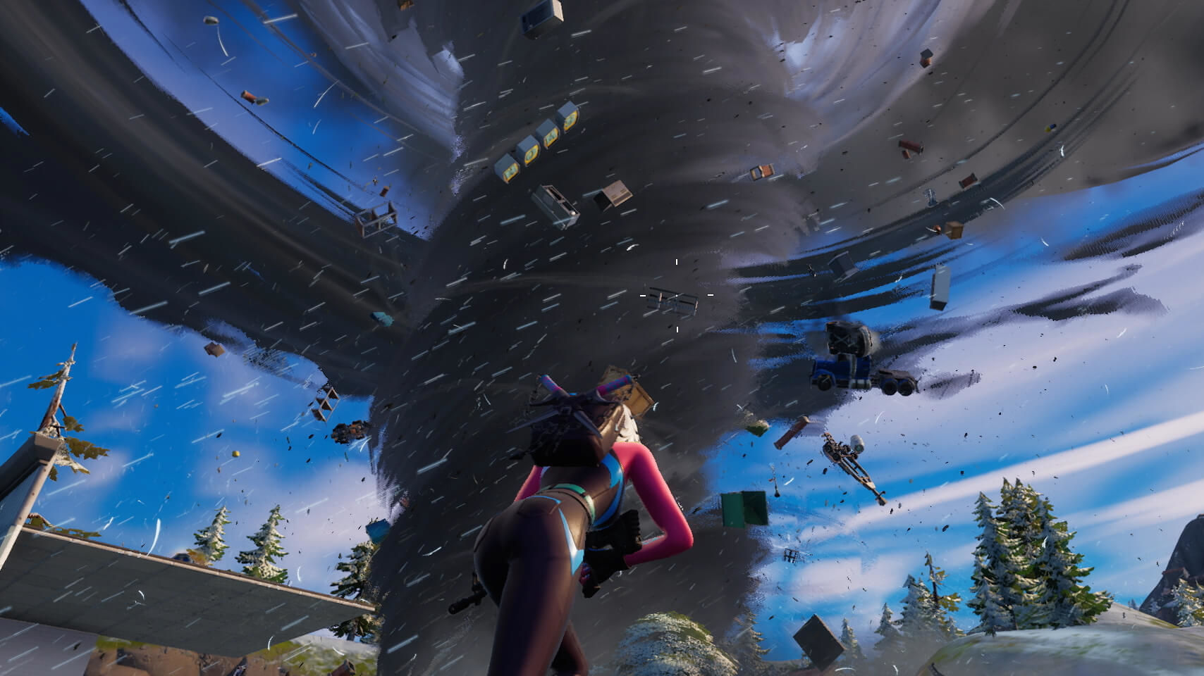 A Fortnite character running towards a tornado