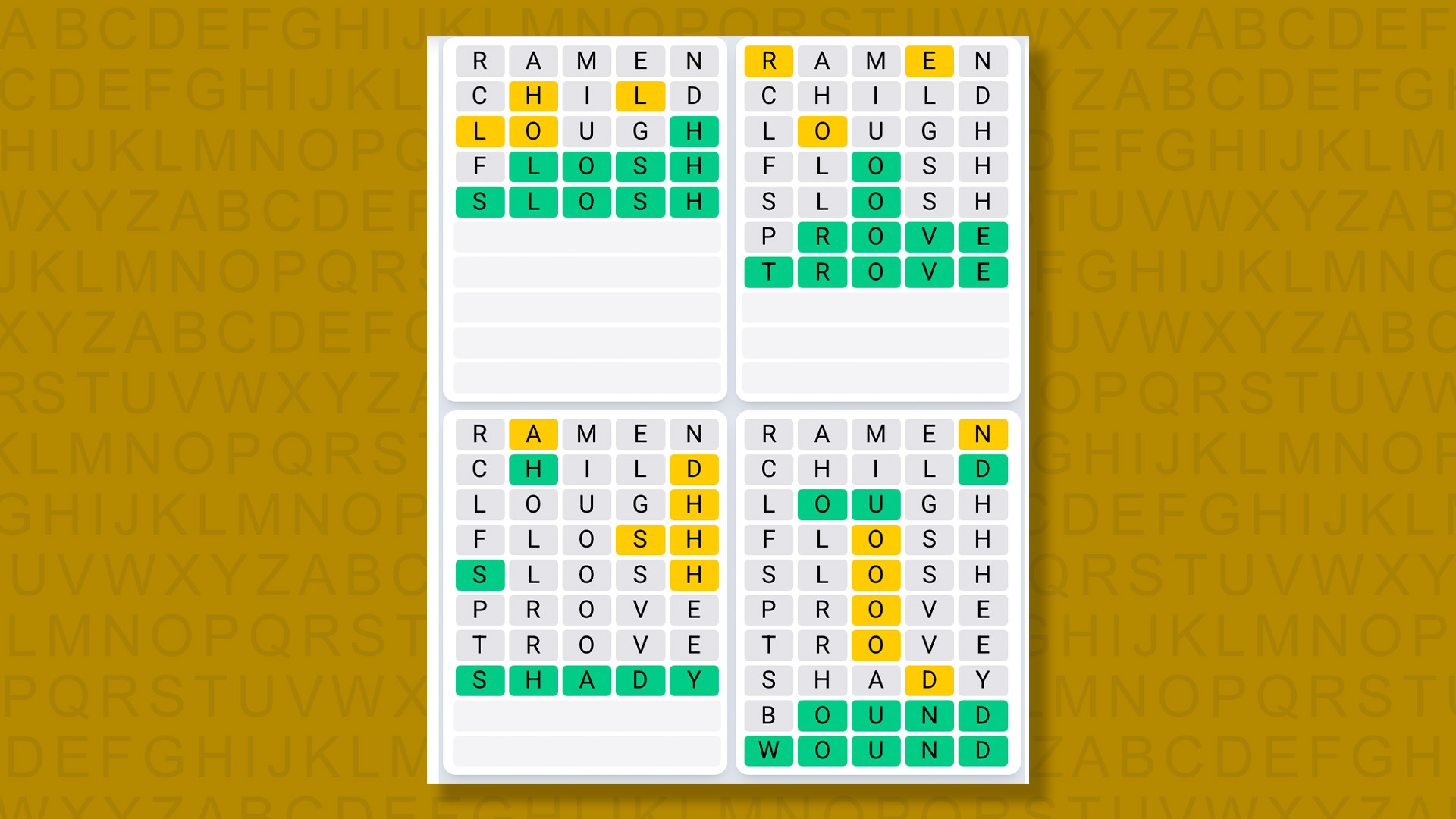 Quordle Daily Sequence answers for game 1573 on a yellow background