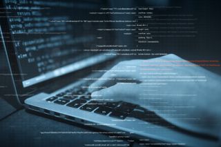 hacker hands at work with interface around