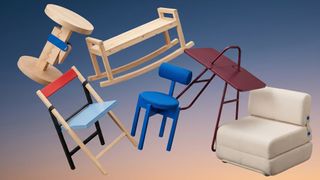 Selection of IKEA PS 2026 collection furniture appearing to fall through the air