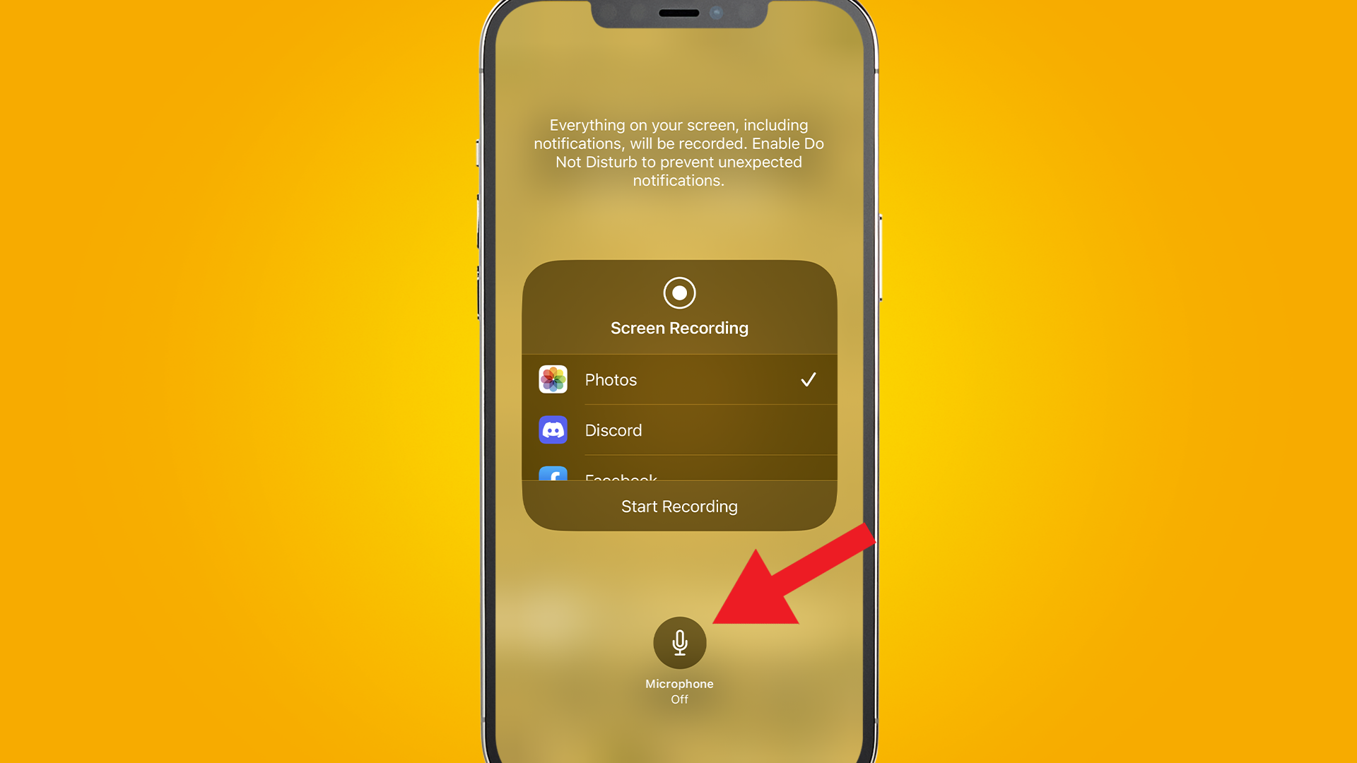 Arrow pointing at microphone button showing how to turn on inbuilt microphone for screen recording on iphone