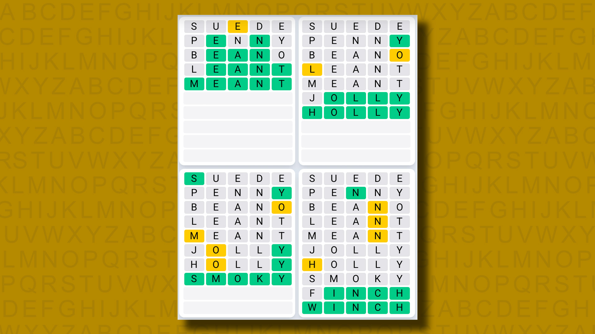 Quordle Daily Sequence answers for game 1160 on a yellow background