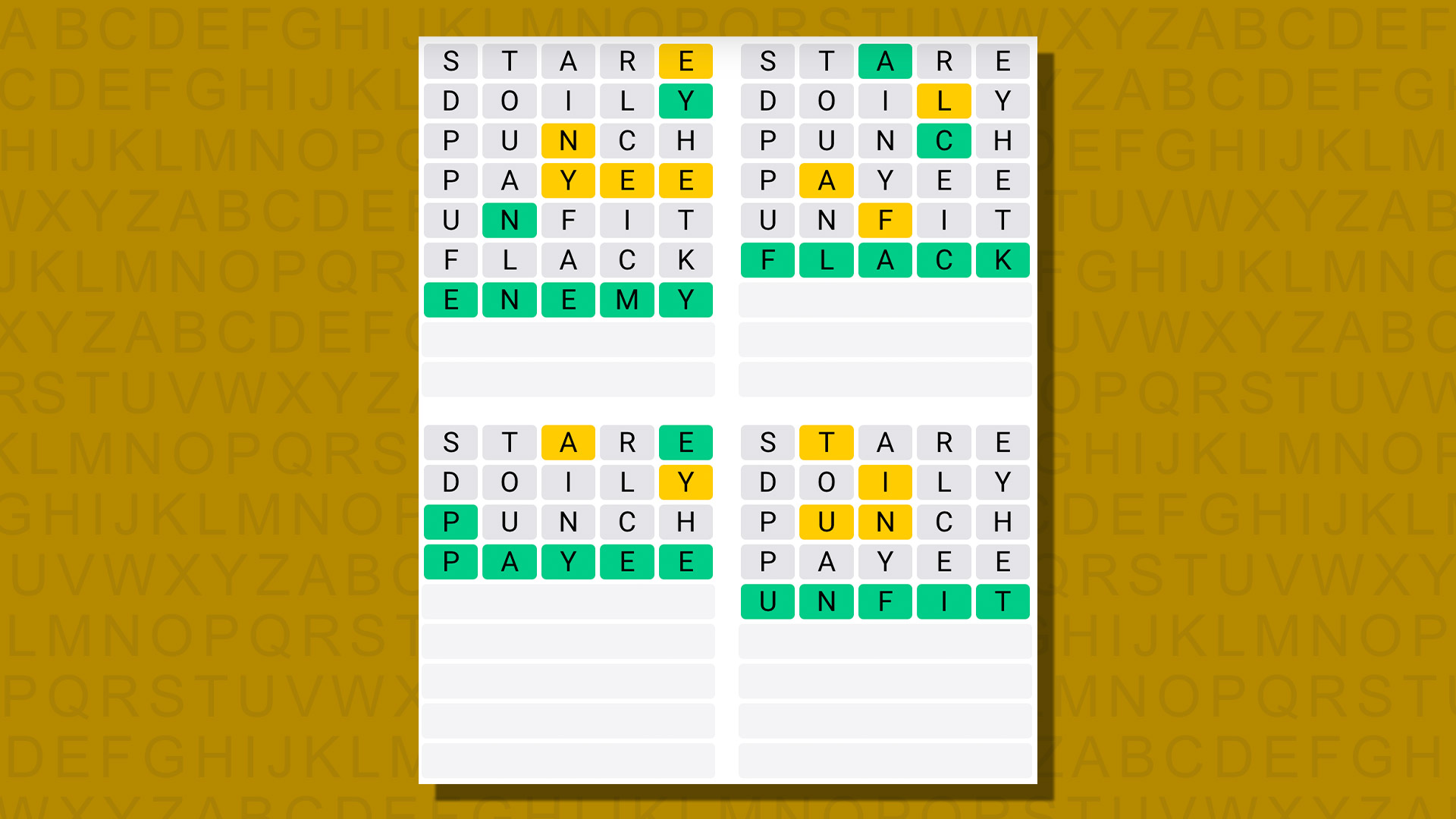 Quordle answers for game 802 on a yellow background