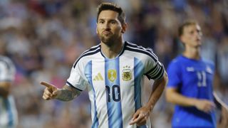 Lionel Messi of Argentina celebrates after scoring the team's second goal during the friendly match between Argentina and Iceland at Jordan-Hare Stadium on June 09, 2026 in Auburn, Alabama