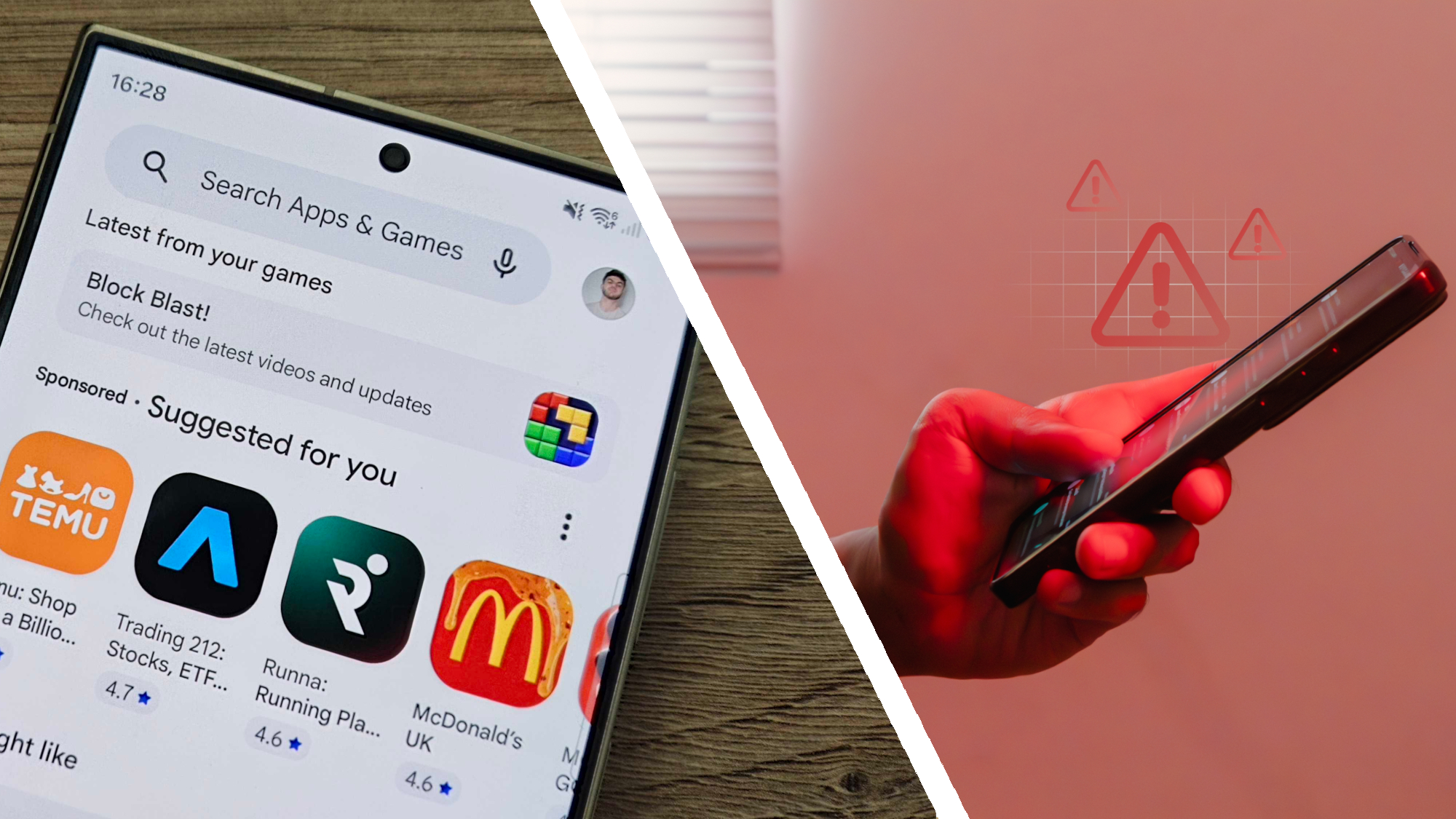 Phone showing Google Play Store next to hand holding phone with warnings on it 