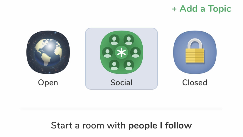 An option to start an open, social, or closed Clubhouse event