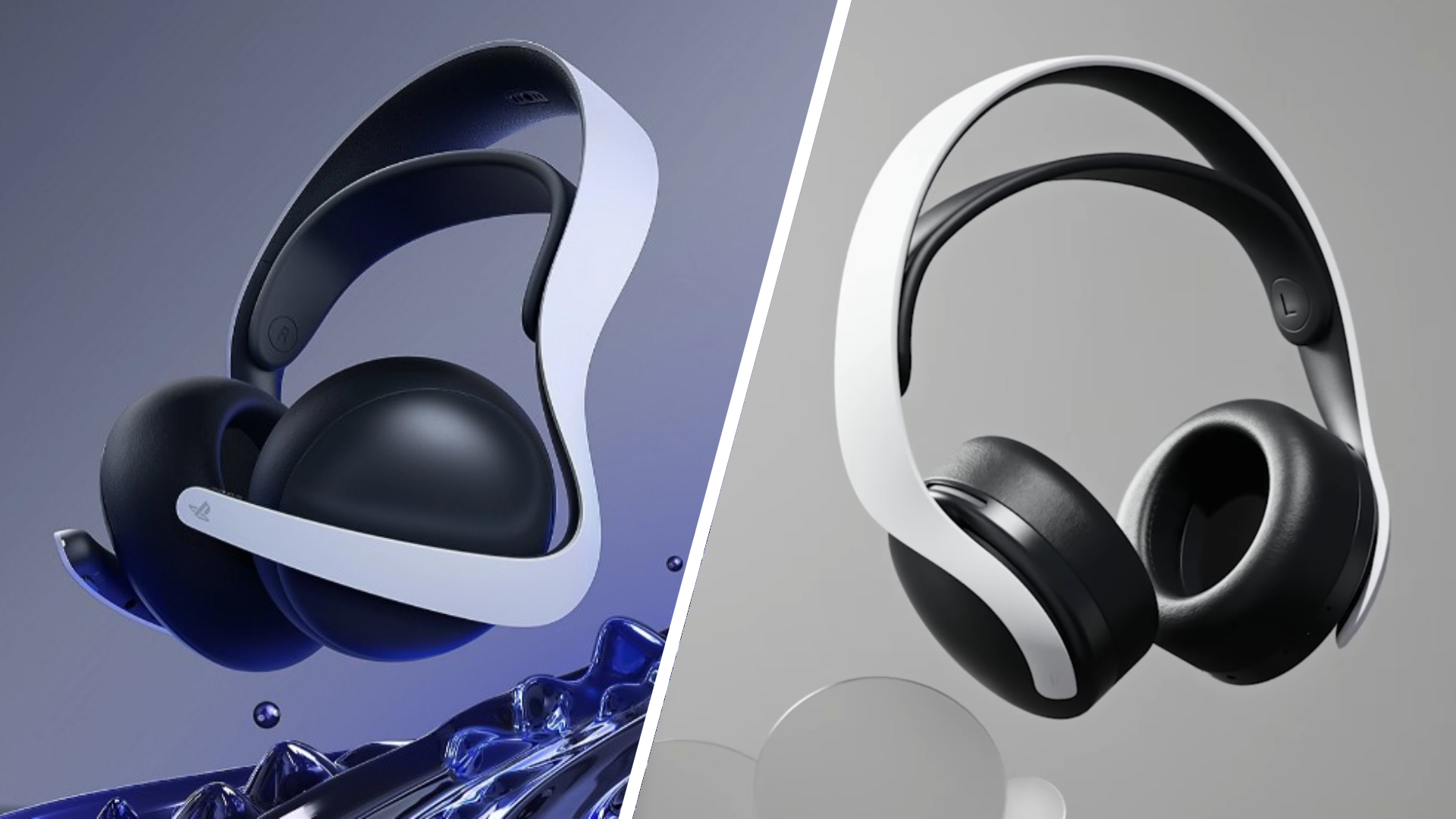 The Sony PS5 Pulse Elite and Pulse 3D headsets together on a blue and grey background