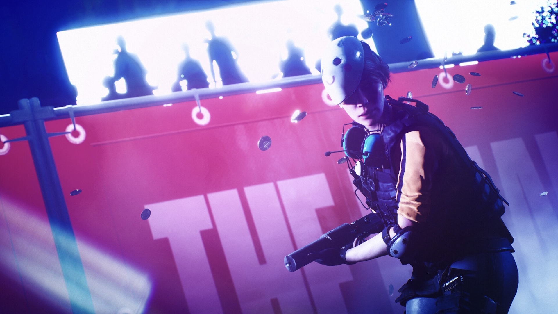 A player wearing a white mask runs as bullet holes form behind them