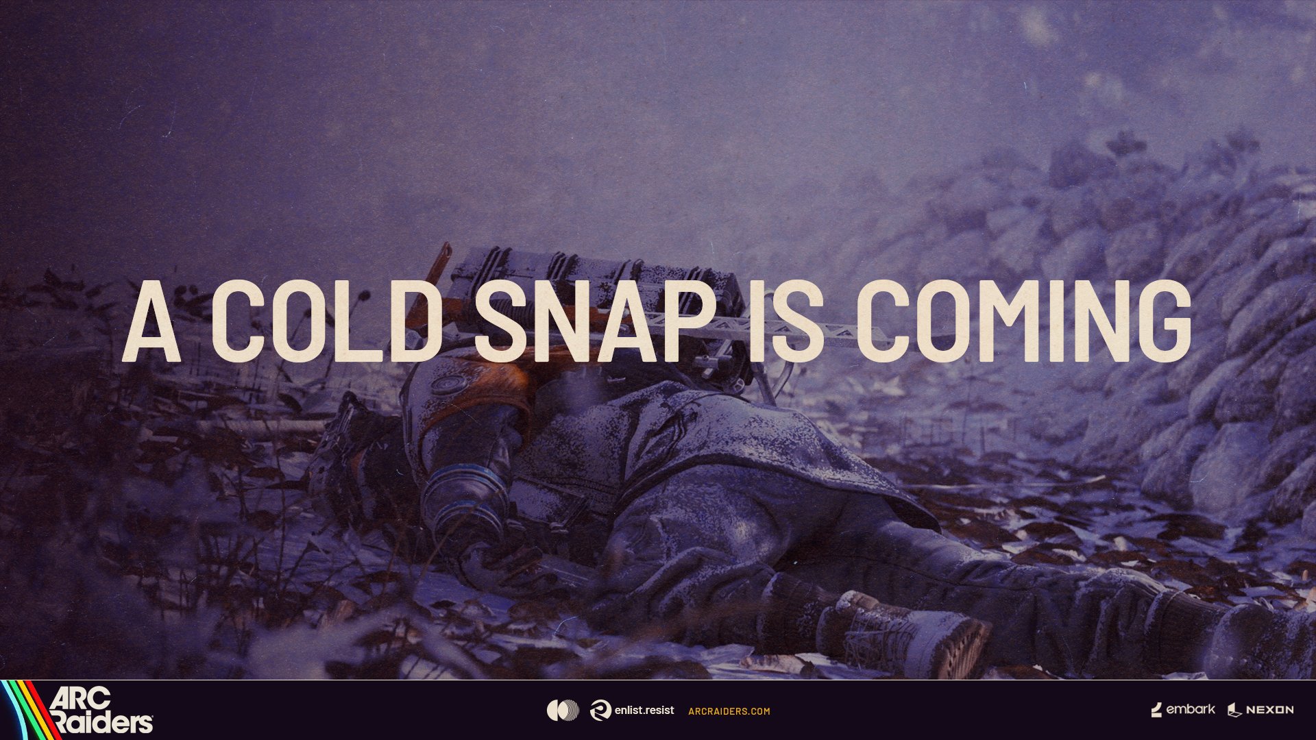 "A Cold Snap Is Coming" written against a backdrop of a Raider lying face down in the snow.