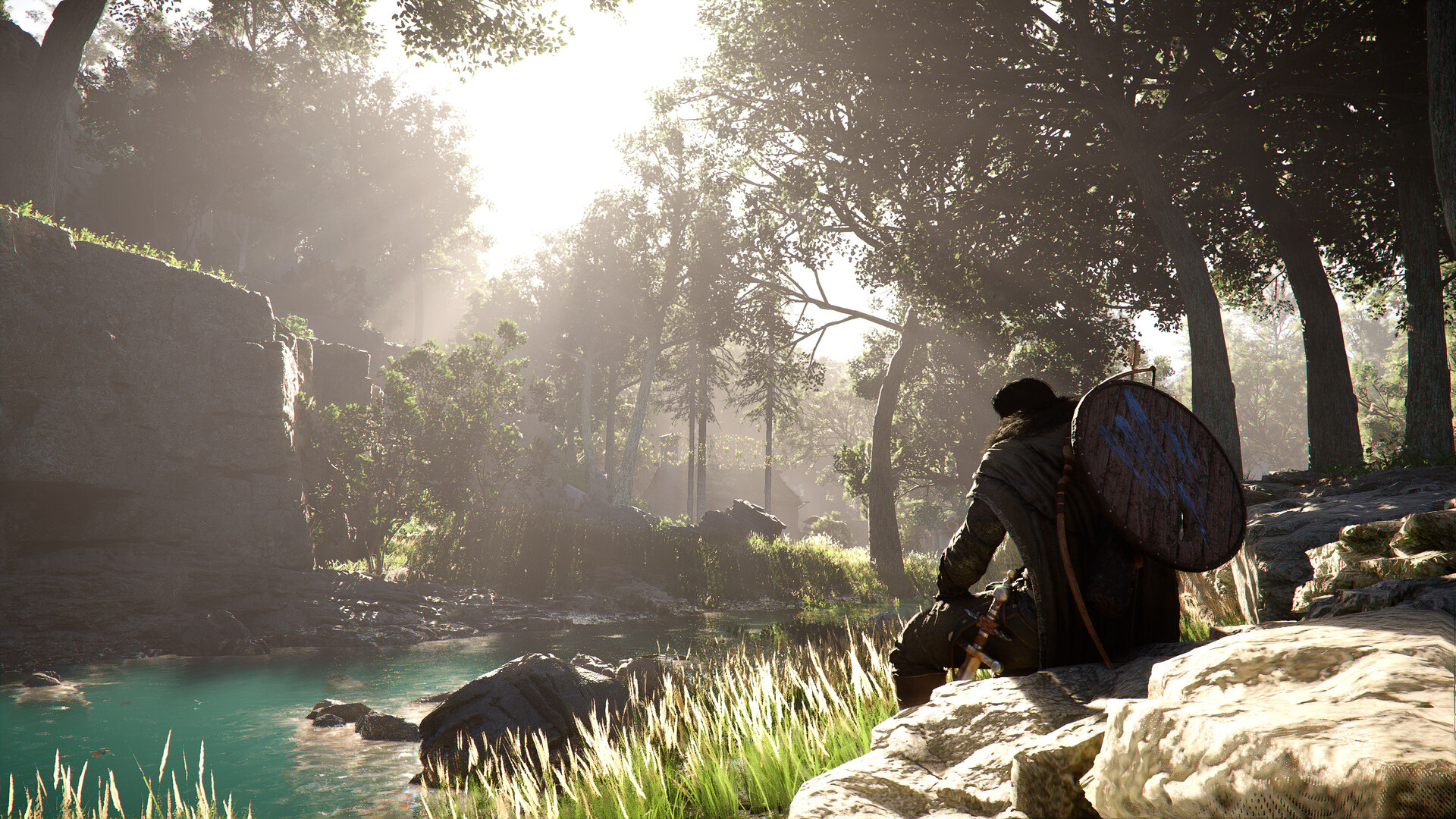 Crimson Desert's main character Kliff sitting by a stream in the middle of a sun-filled forest