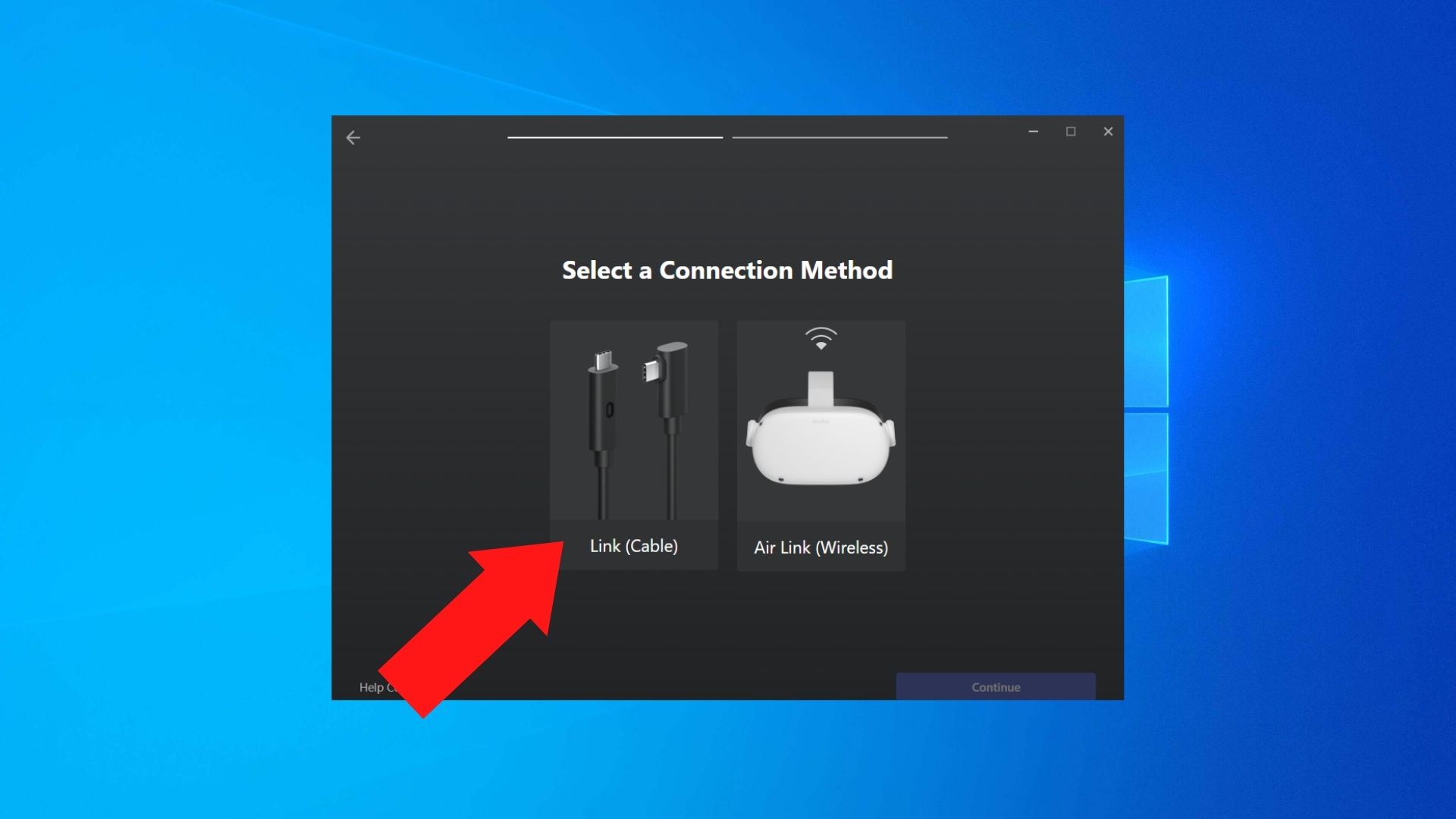 An arrow pointing towards Link (Cable) in the PC app