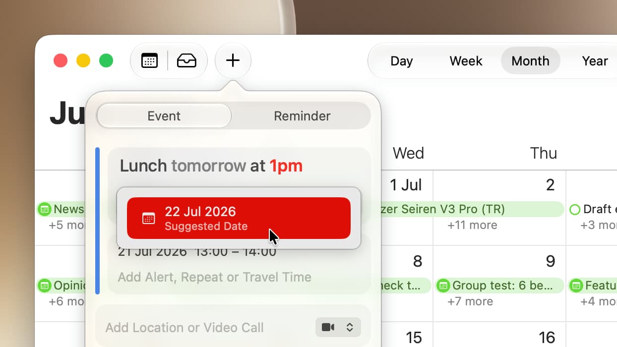 Adding a new event using natural language in the Calendar app in macOS 27 Golden Gate.