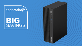 MINISFORUM 790S7 Mini Gaming PC on a blue background next to a TechRadar badge reading 'Big Savings'