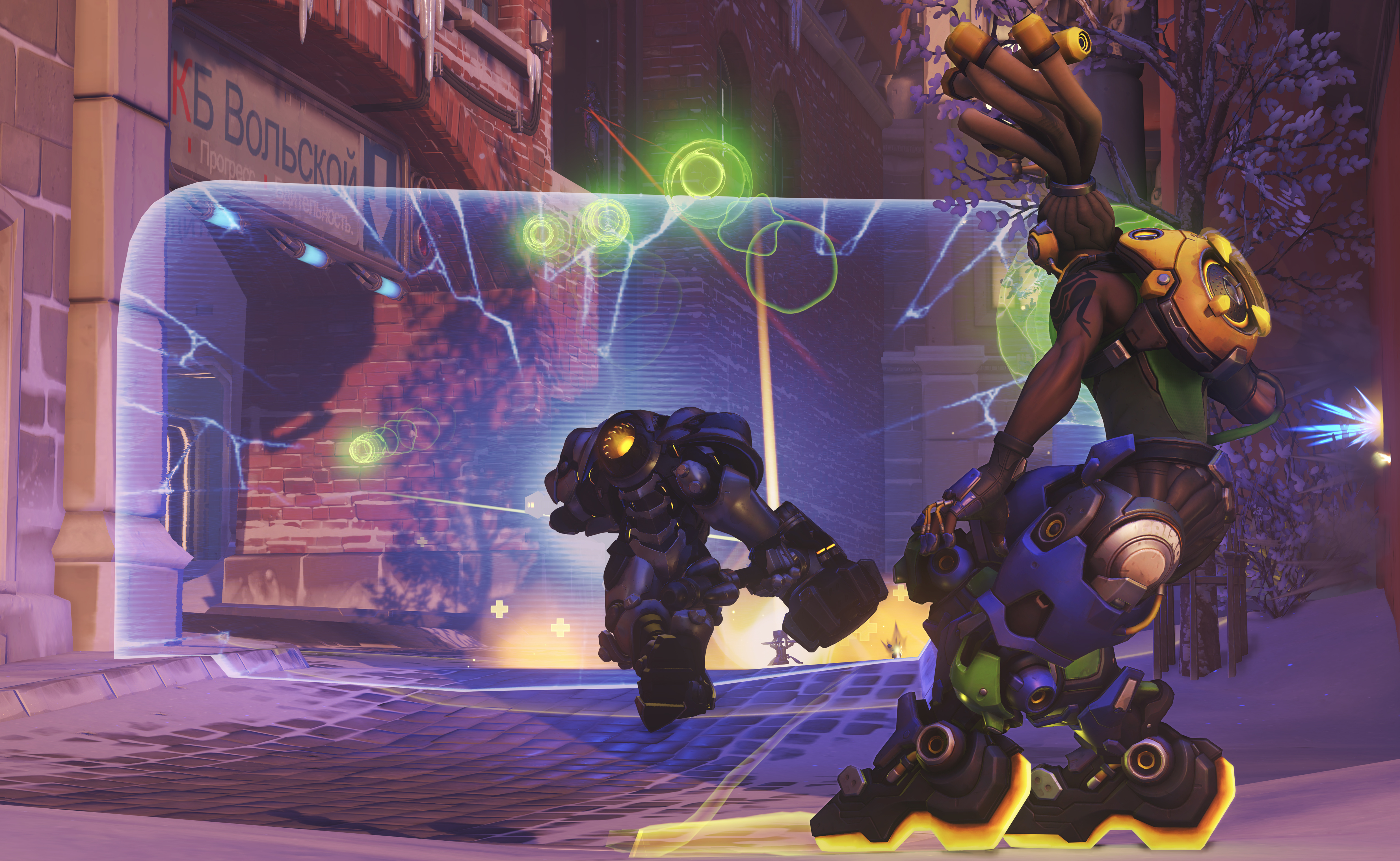 Lucio behind Reinhardt and his shield
