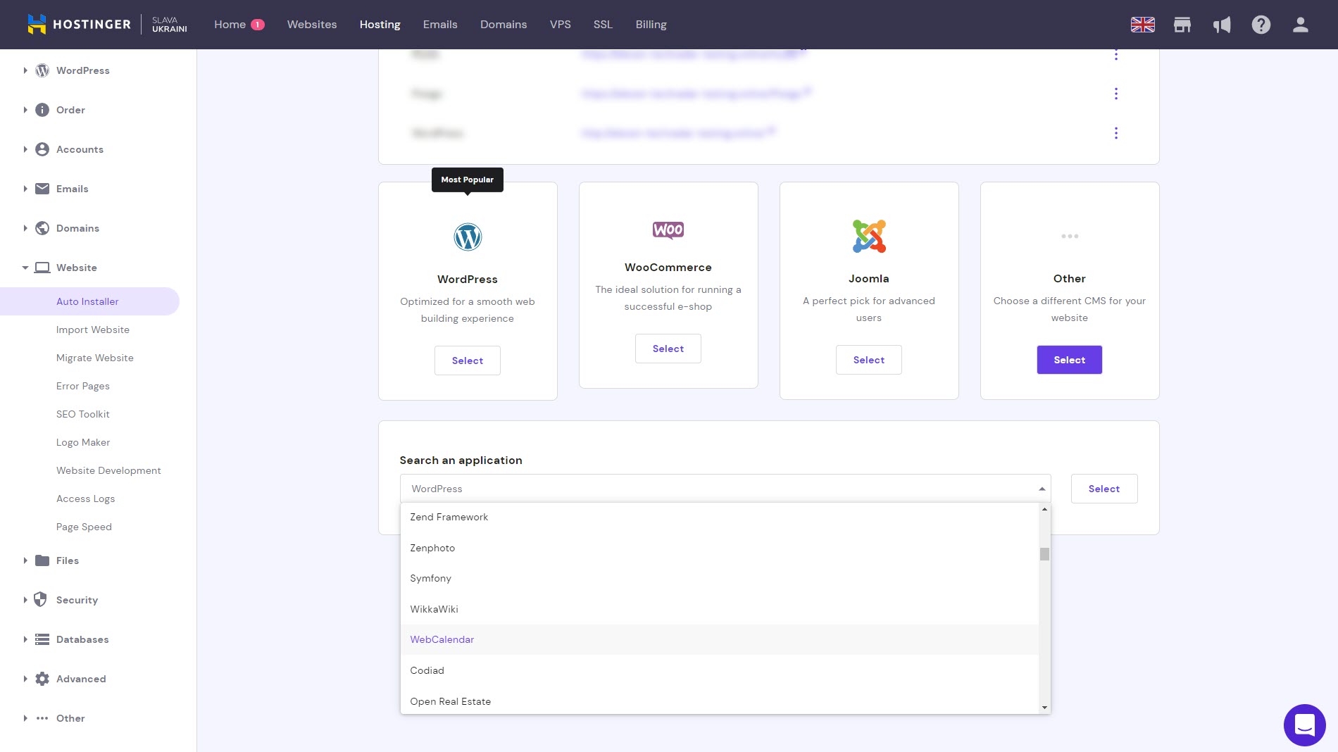 Screenshot of the Hostinger Auto Installer page