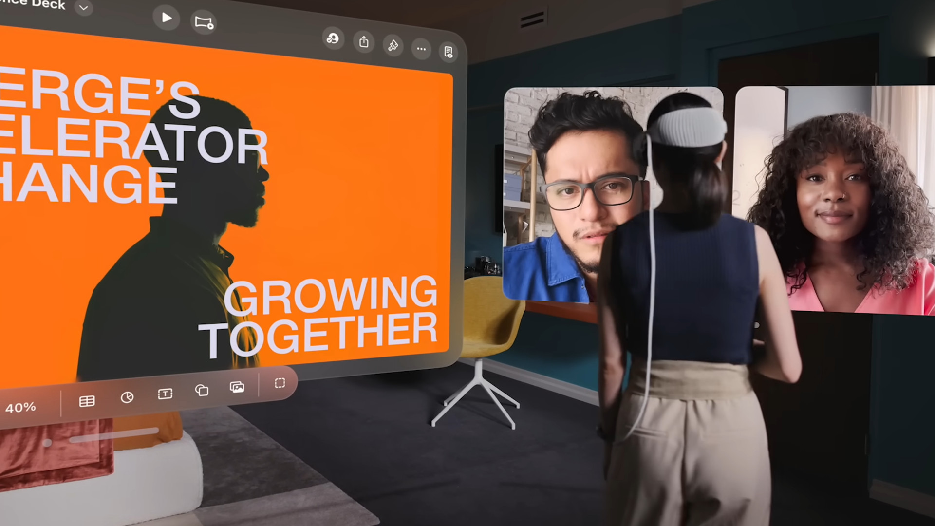 Woman in a meeting while wearing the Vision Pro