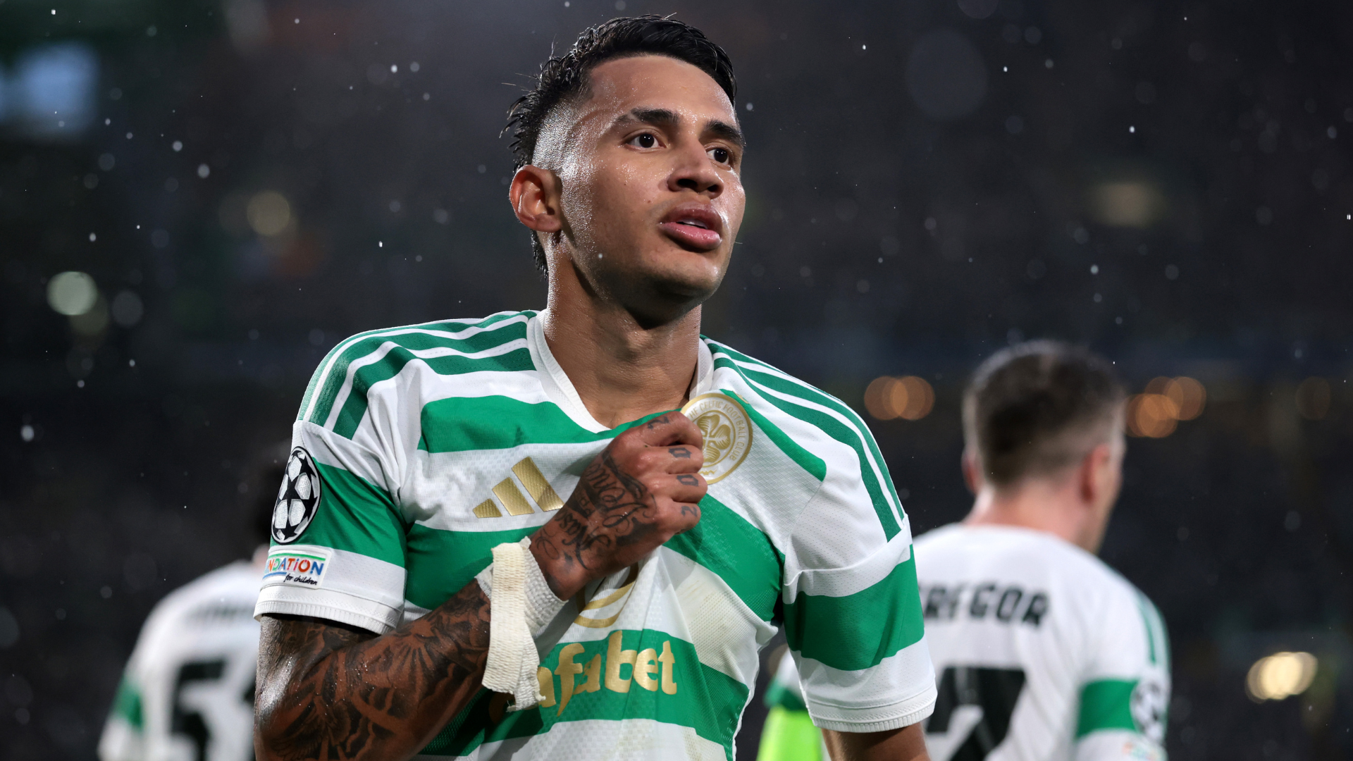Camilo Duran of Celtic celebrates scoring his team&rsquo;s second goal during the UEFA Champions League 2026/27 play-offs first leg match between Celtic and LASK at Celtic Park on August 19, 2026 in Glasgow, Scotland.