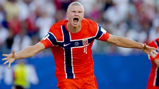 Erling Haaland of Norway celebrates 0-1 during the World Cup match between Iraq v Norway at the Boston Stadium on June 16, 2026 in Foxborough United States