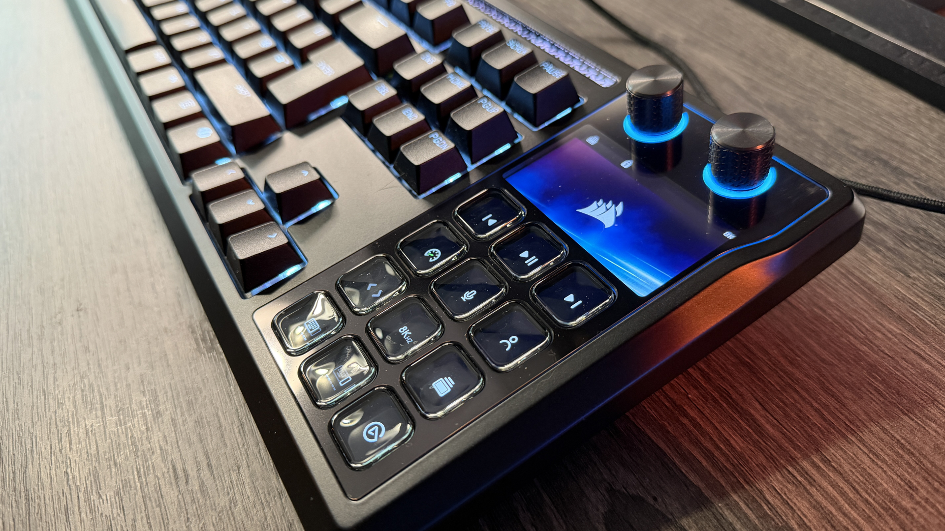 Corsair Galleon 100 SD keyboard on wooden desk
