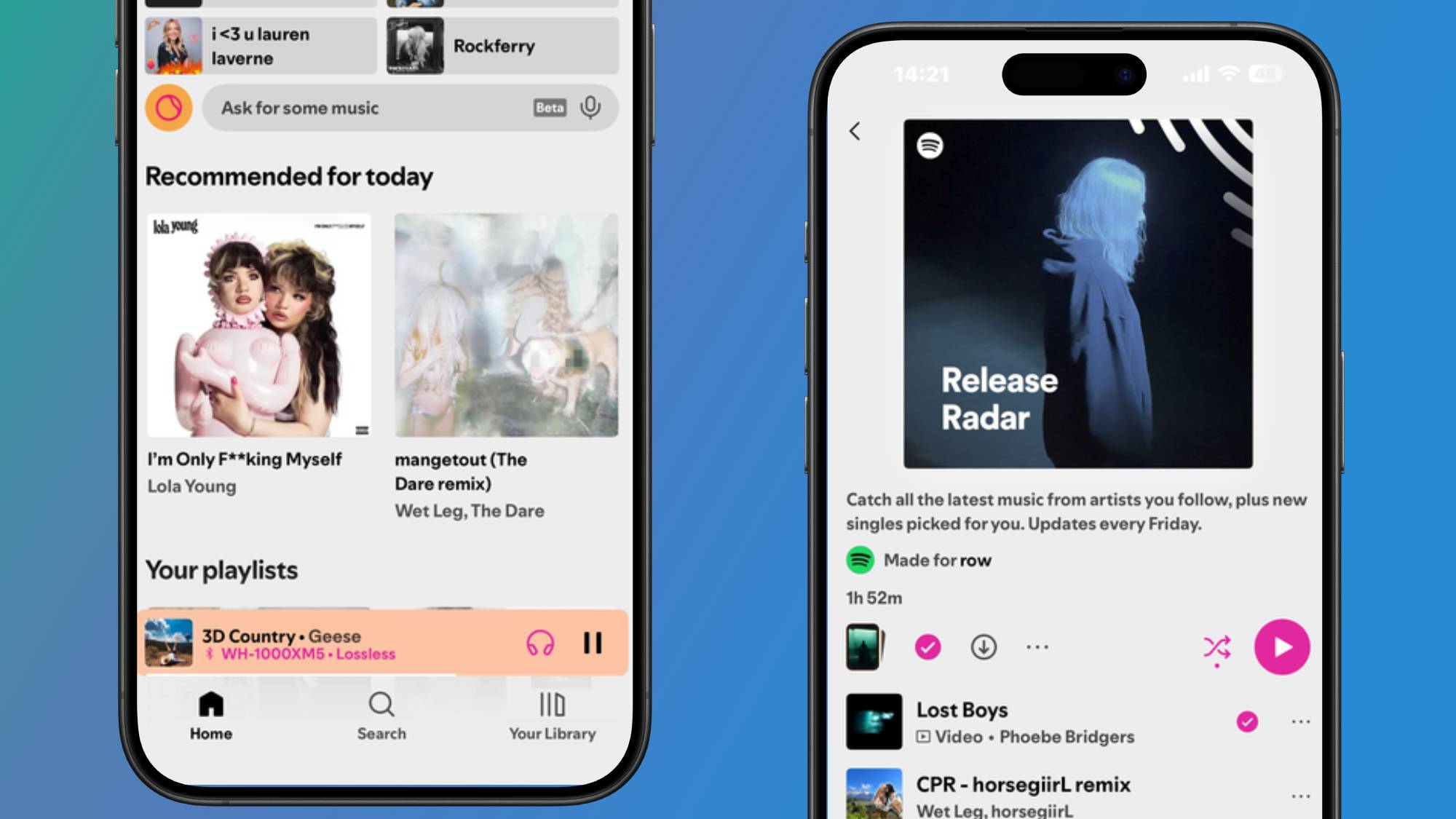 Two smartphones showing inverted colours in Spotify 