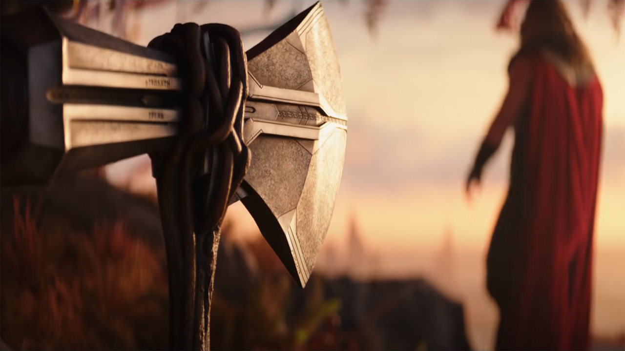Thor walks away after planting Stormbreaker in the ground in Thor: Love and Thunder