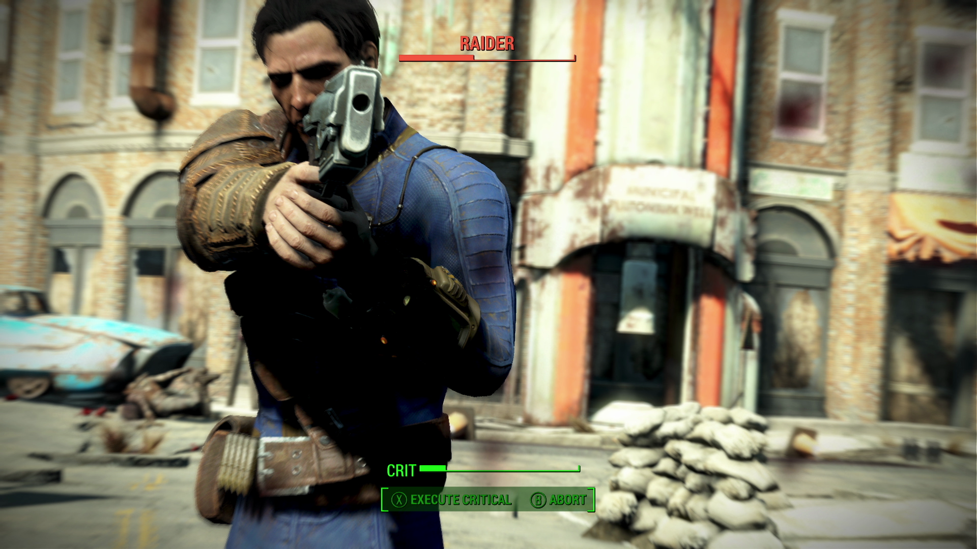 A character points a gun at the camera
