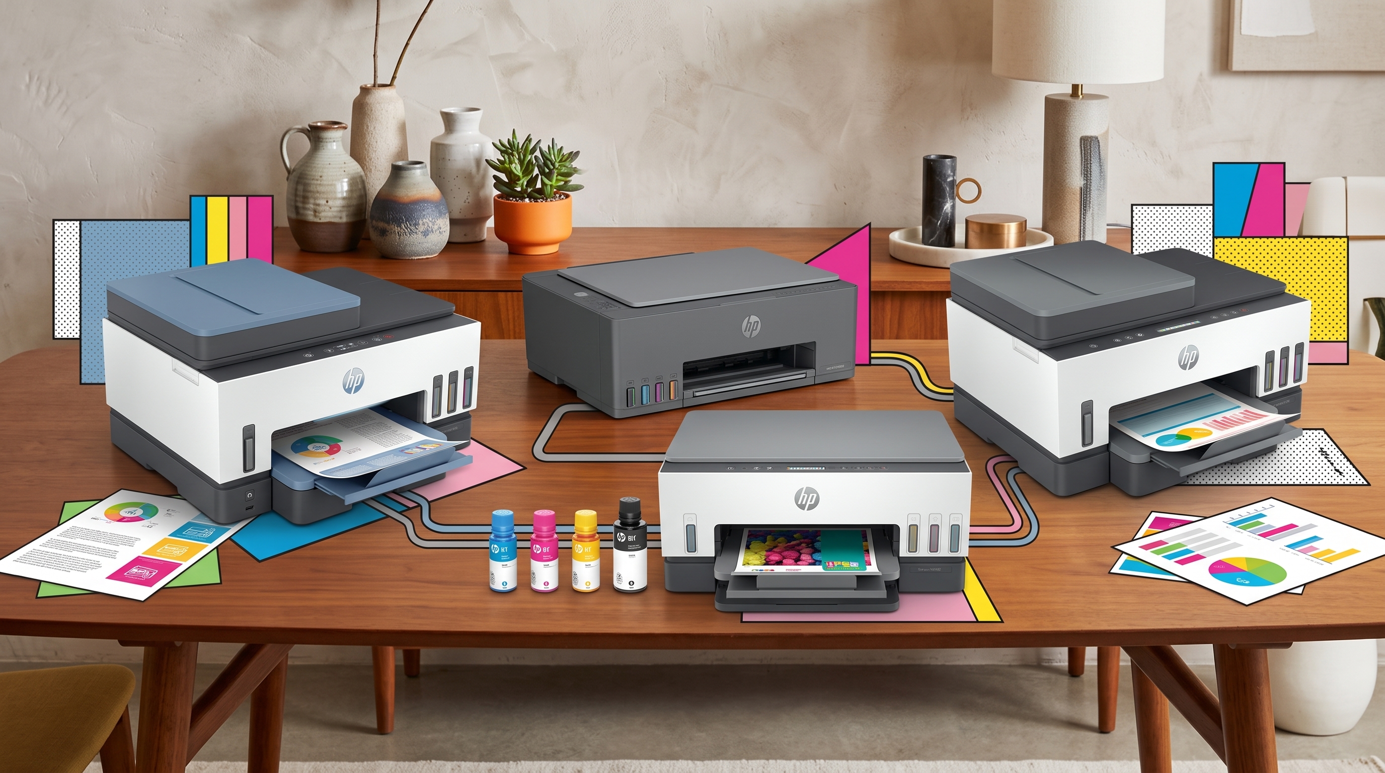A selection of HP Smart Tank printers on a table in a brightly lit home