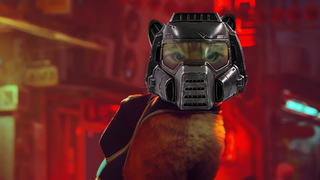 Orange cat from Stray wearing Doomguy's helmet against a orange backdrop