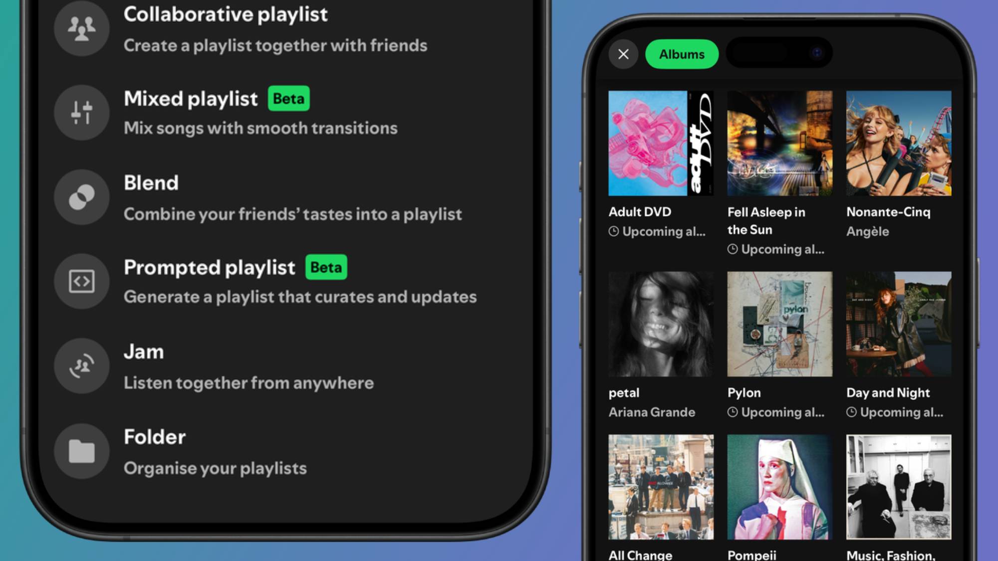 Two smartphones showing the Spotify app, one showing the playlist creation options, and the other showing a Library of saved albums 
