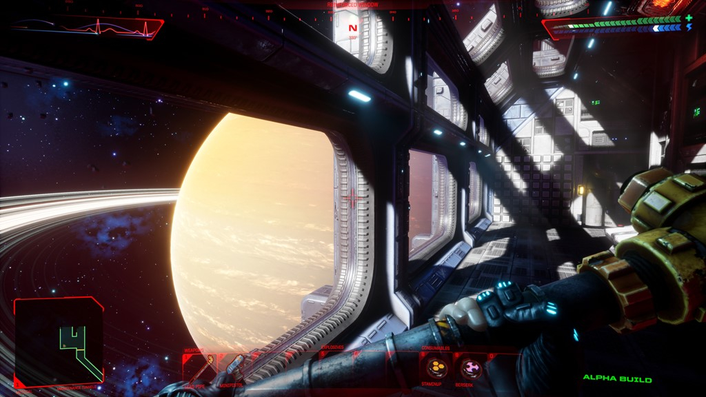 Character walking around a spaceship looking out the window