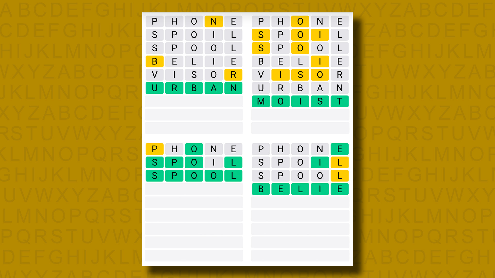 Quordle answers for game 874 on a yellow background
