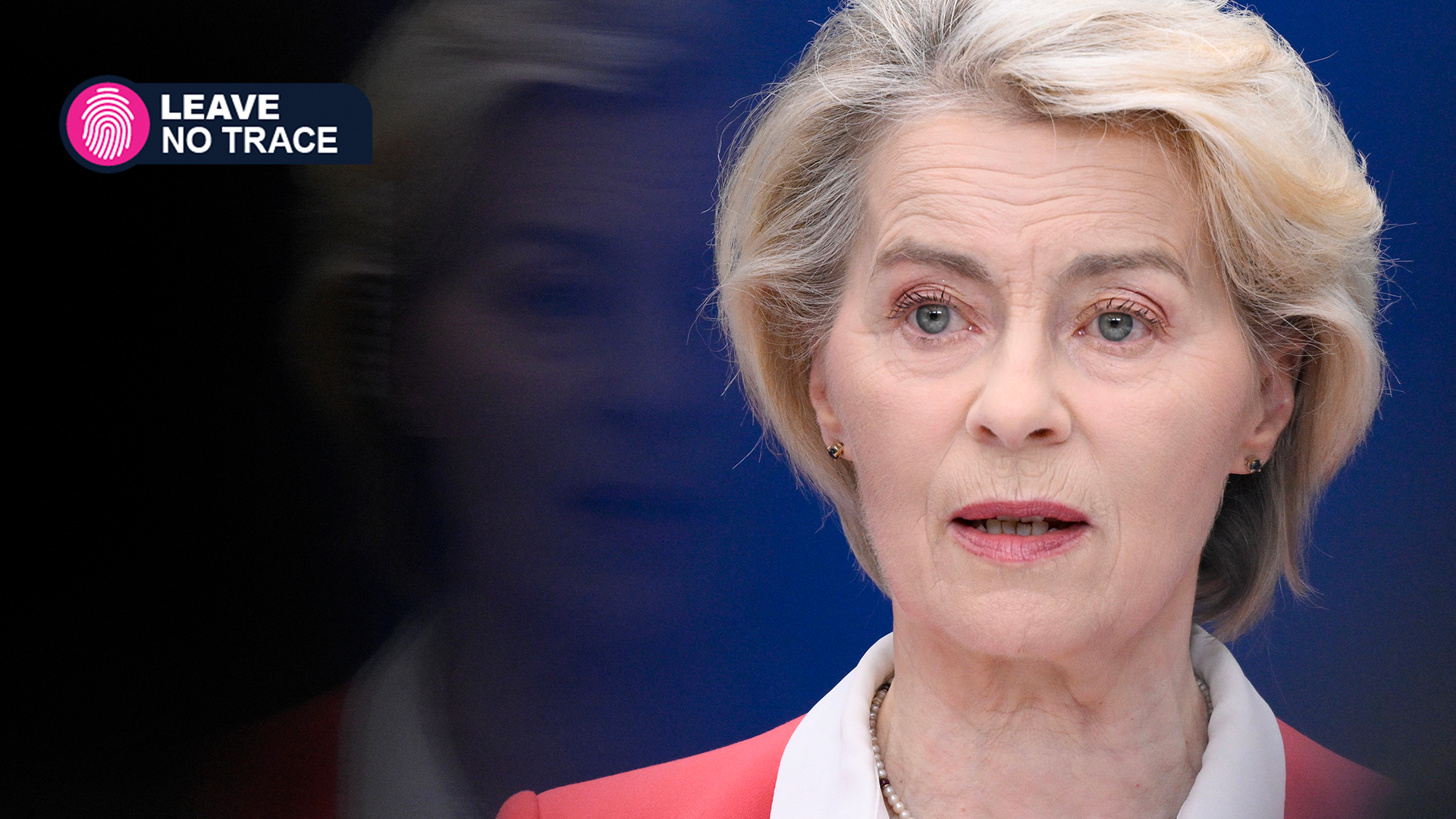 European Commission President Ursula von der Leyen during a press conference on child safety online in Brussels on July 13, 2026, with the Leave No Trace logo on the top left.