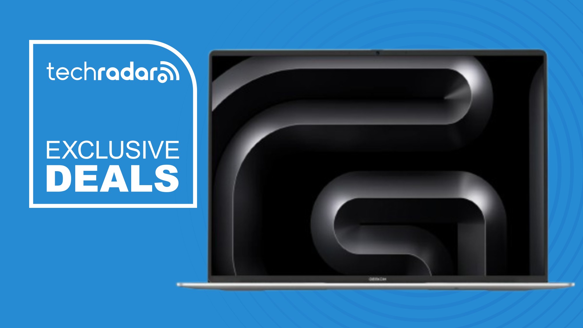 The Geekom M16 laptop on a blue background, next to a TechRadar badge in white that reads 'Exclusive Deals'