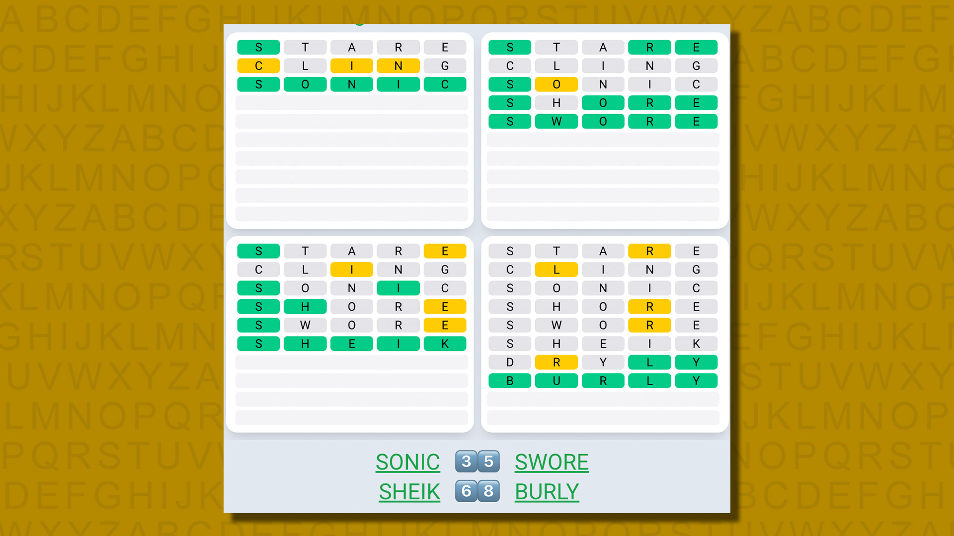 Quordle daily sequence answers for game 561 on a yellow background
