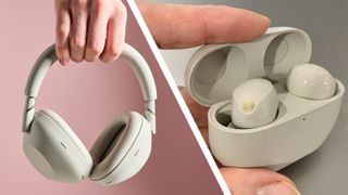 The Sony WH-1000XM6 held in a man's hand, and the Sony WF-1000XM5 earbuds in their case, held in a woman's hand