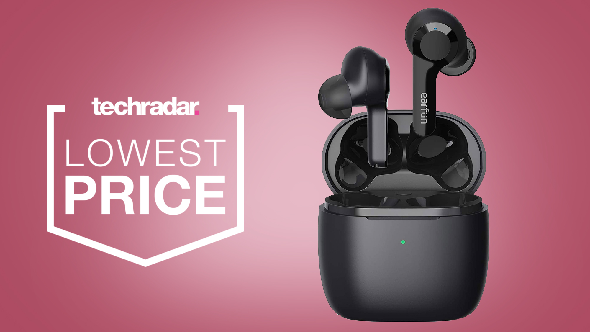 the earfun air wireless earbuds emerging from their charging case next to the text 'lowest price'