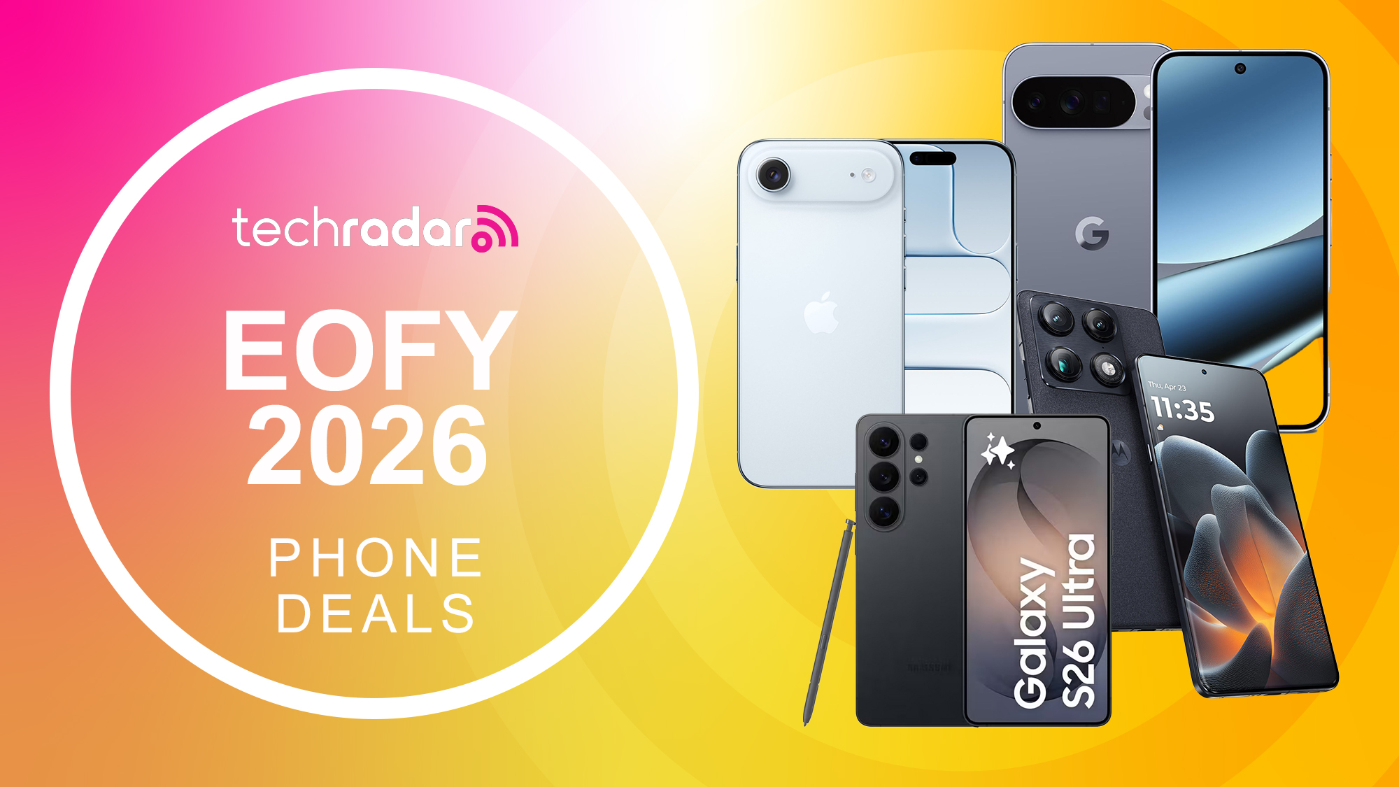 Mobile phones on a gradient background with an EOFY 2026 phone deals sign
