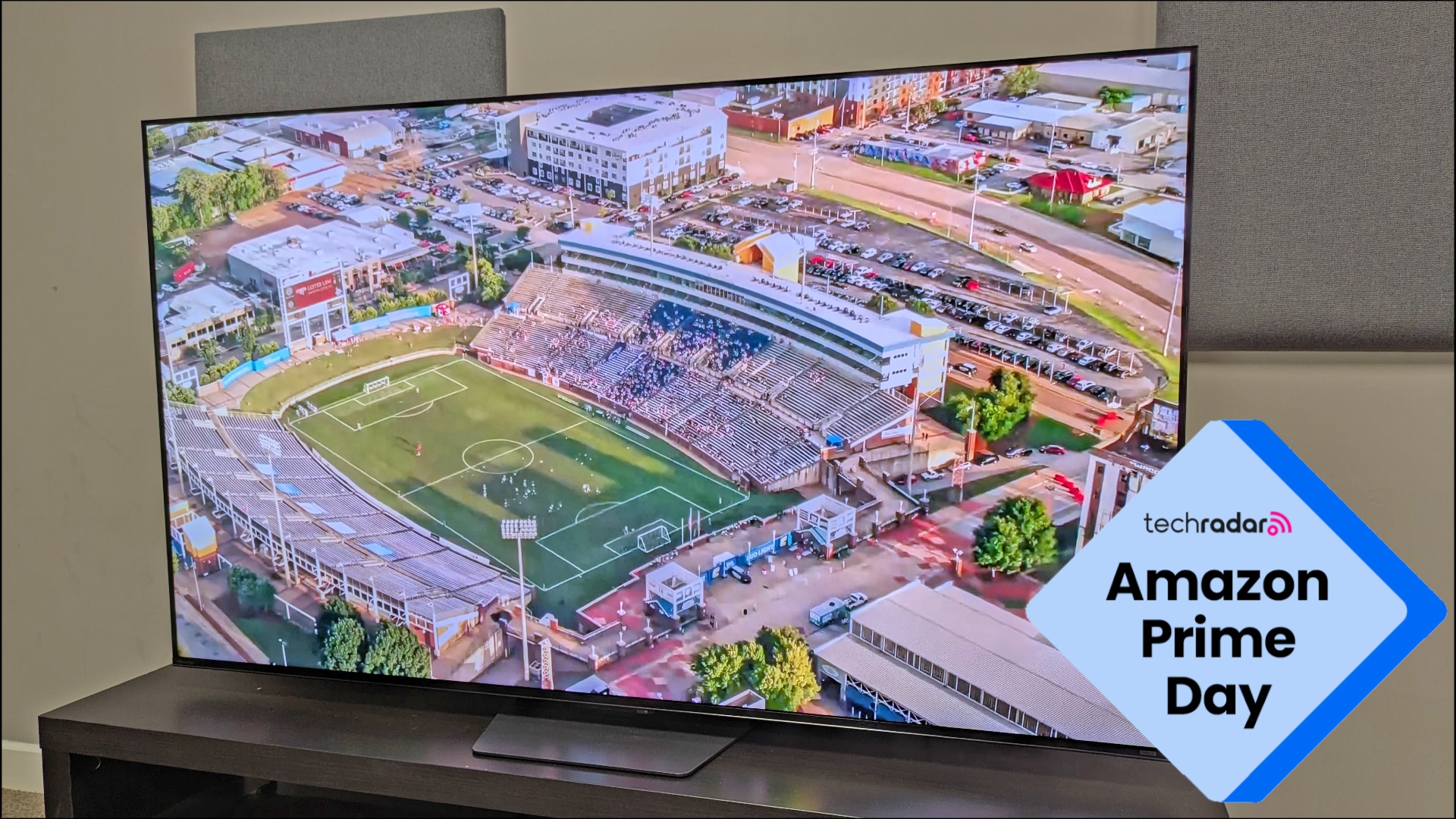 Hisense U7 Pro 75-inch with football pitch on screen and Amazon Prime Day logo overlaid