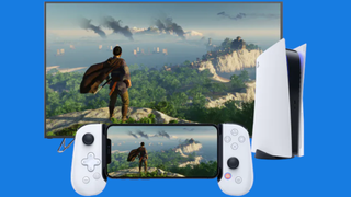 iPhone playing Ghost of Tsushima in a new Backbone One PlayStation Edition controller in front of a TV and a PS5 console on a blue background