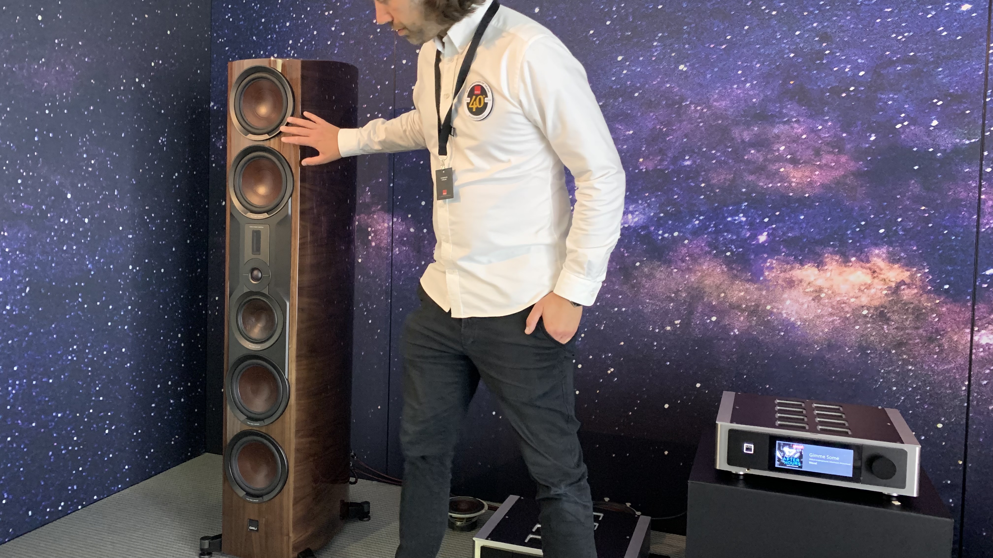 Dali Epikore 11 speakers on purple background, in a demo room at High End Munich