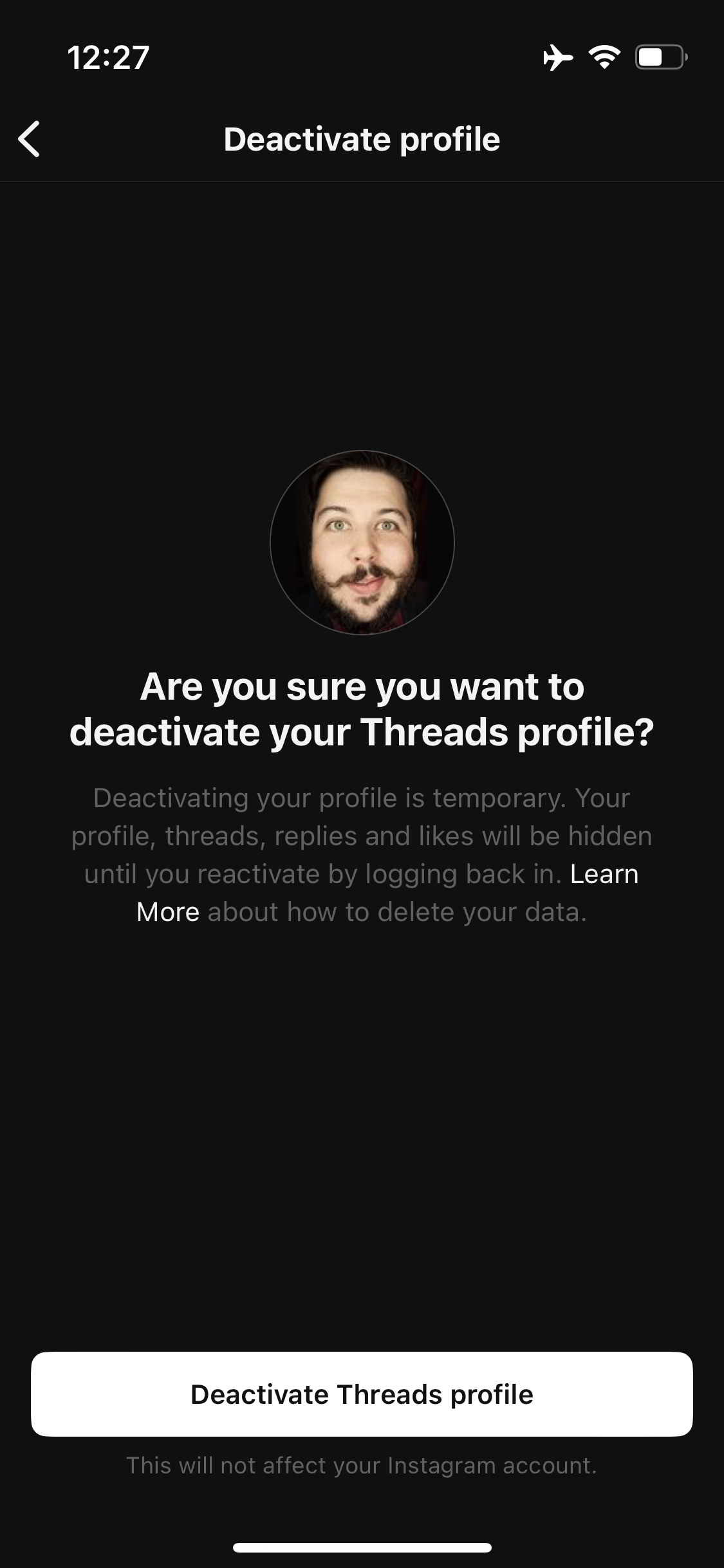 Account deactivation confirmation page in the Threads app.