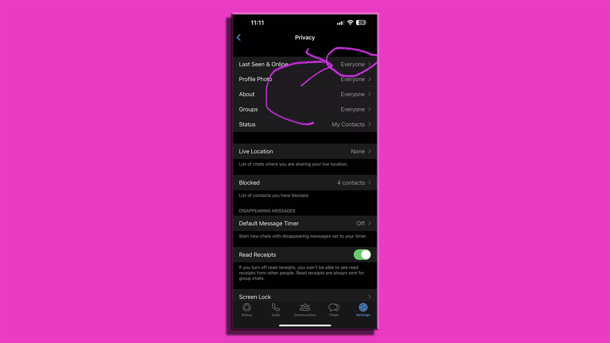 A WhatsApp settings screen