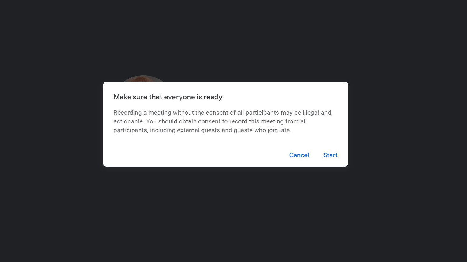 A warning box in the Google Meet service regarding recordings