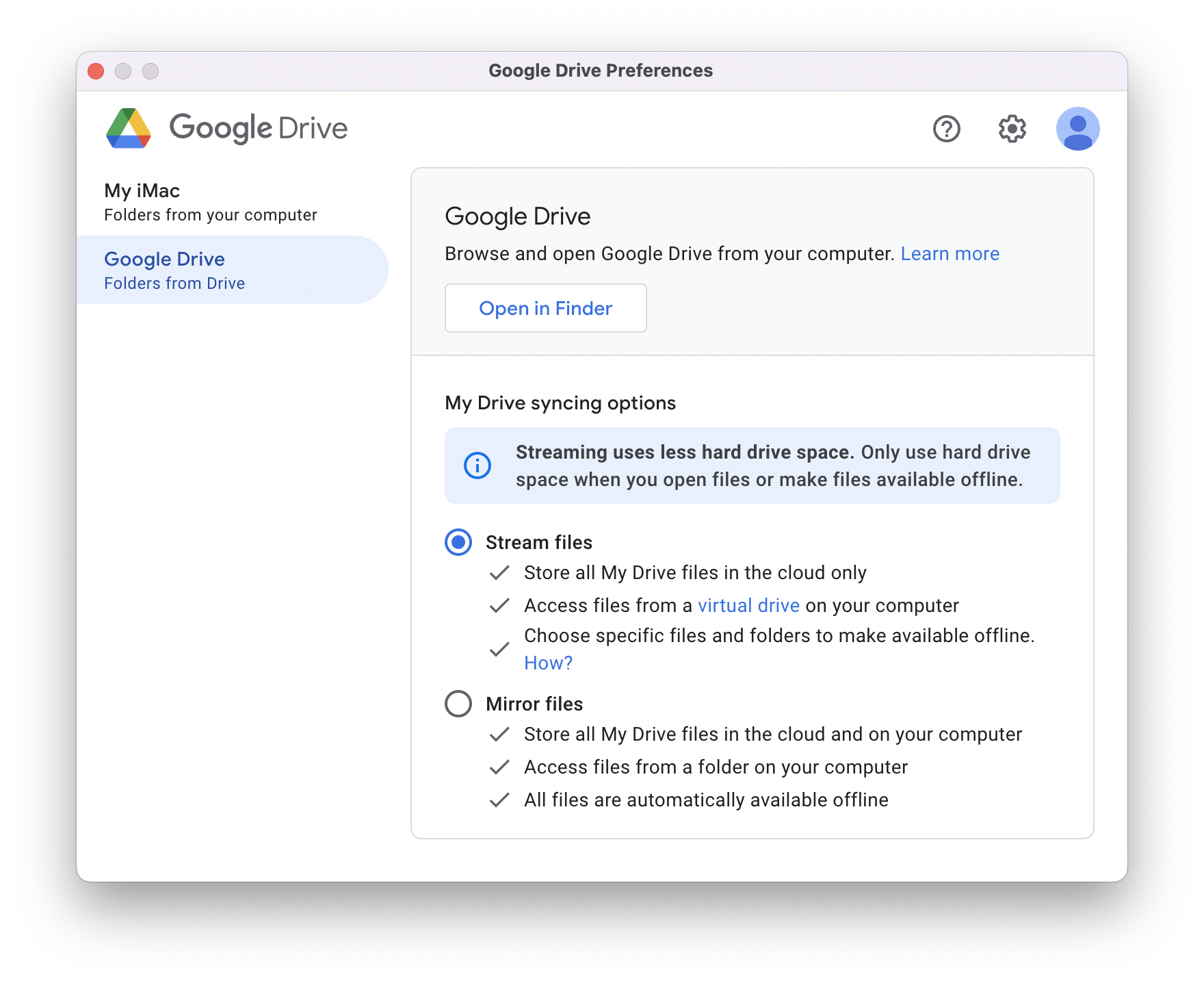 Google Drive desktop settings