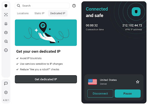 Screenshot of Surfshark's dedicated IP feature within the app