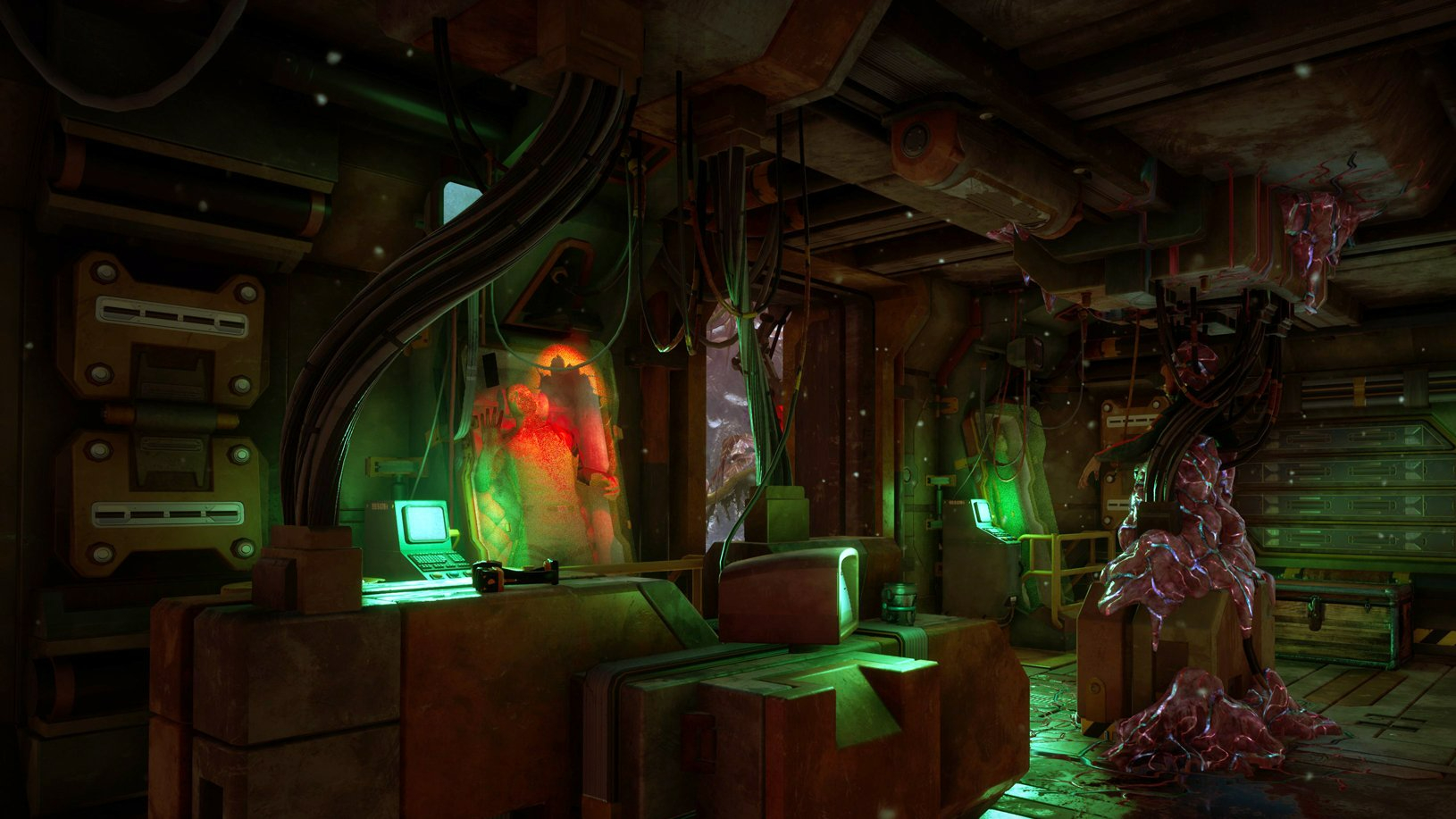 an overgrown lab covered in alien plants