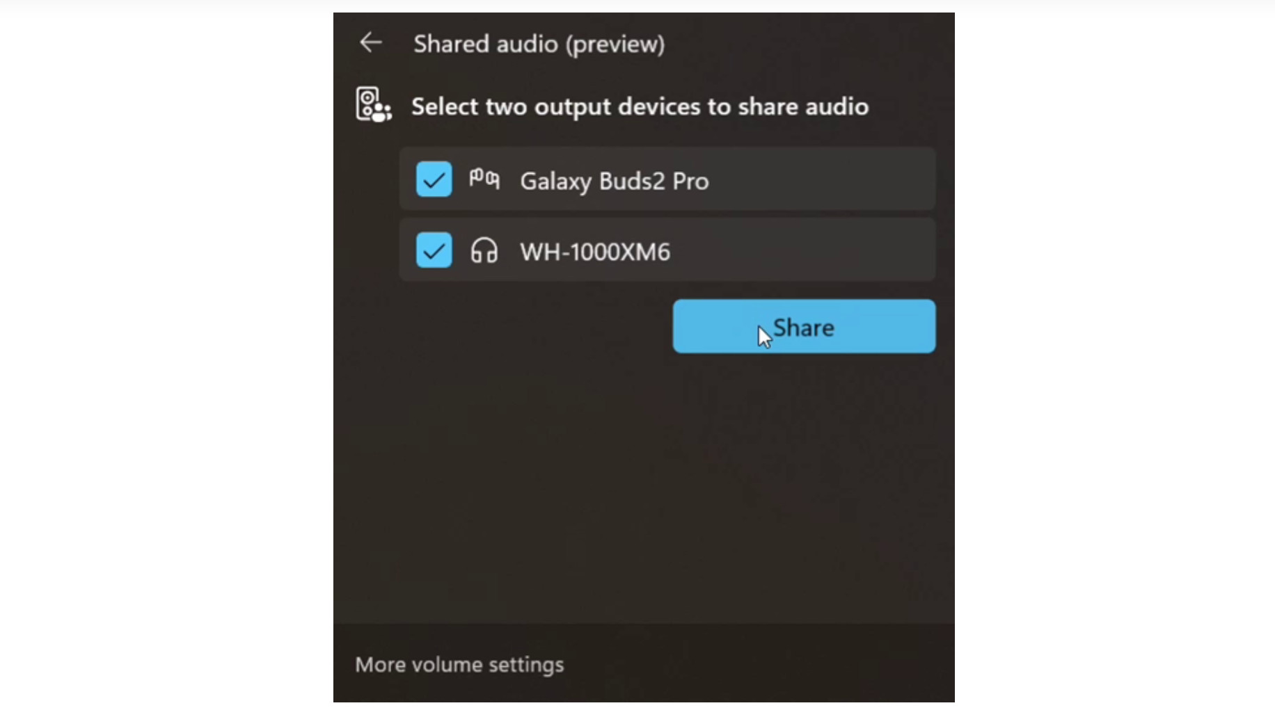 Windows 11 Bluetooth 'audio share' feature showing two devices connected