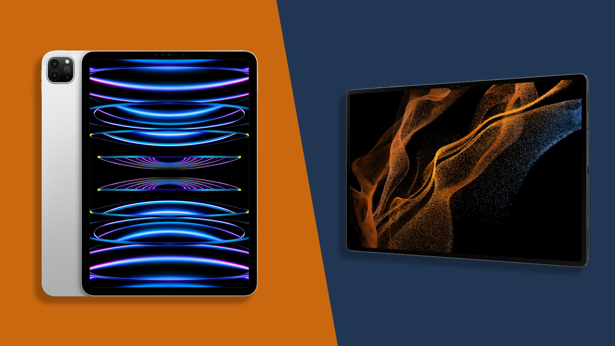 An iPad Pro 2022 and Samsung Galaxy Tab S8 Ultra on a multicolored background