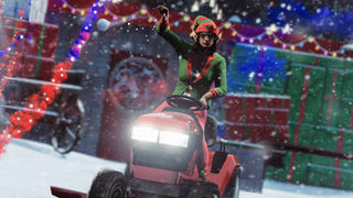 A GTA player wearing an elf outfit and riding a small red snow plow