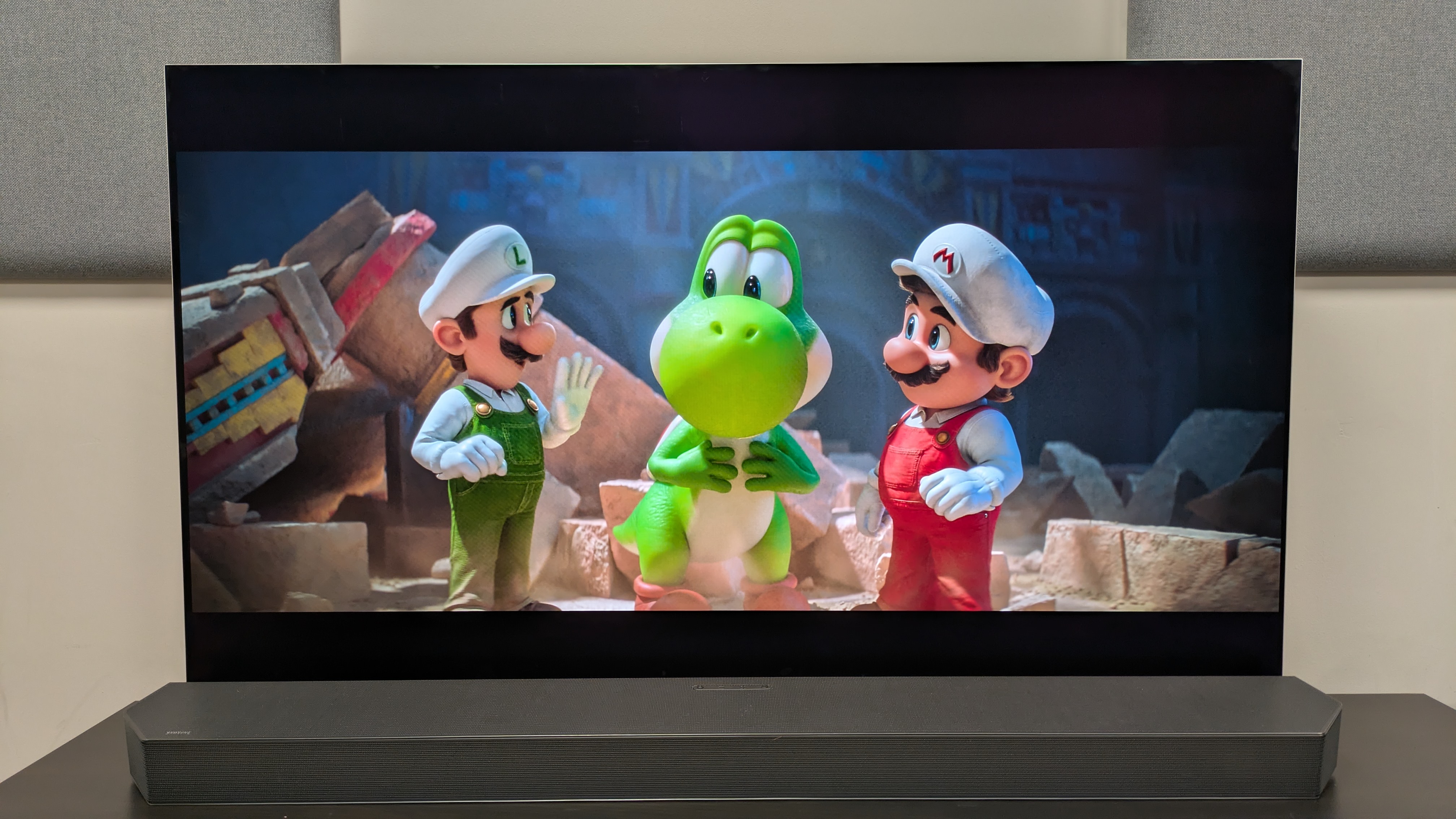 The Super Mario Galaxy Movie 4K Blu-ray on the LG G6 showing Mario and Luigi standing either side of Yoshi 